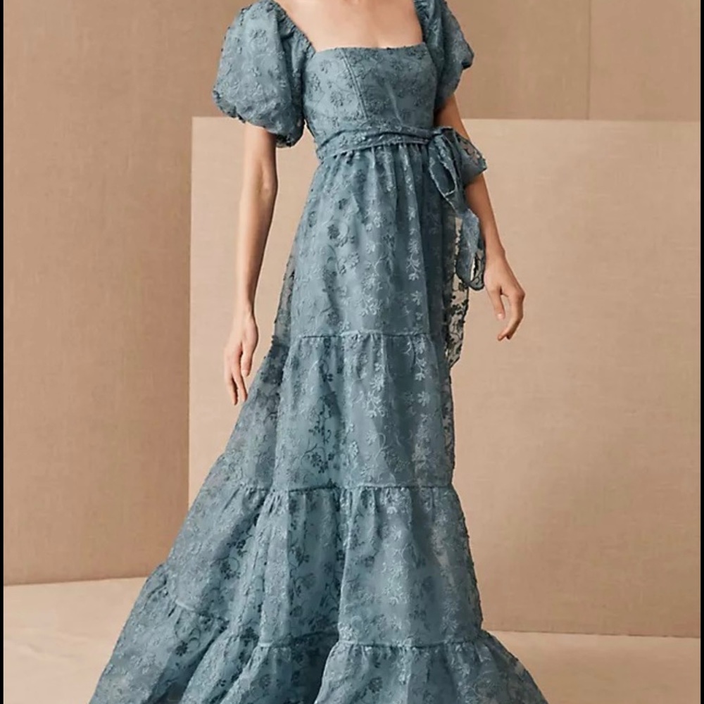 BHLDN/Anthropologie Organza Dusty Blue Maxi Formal Dress Size 12 (Bridgerton)